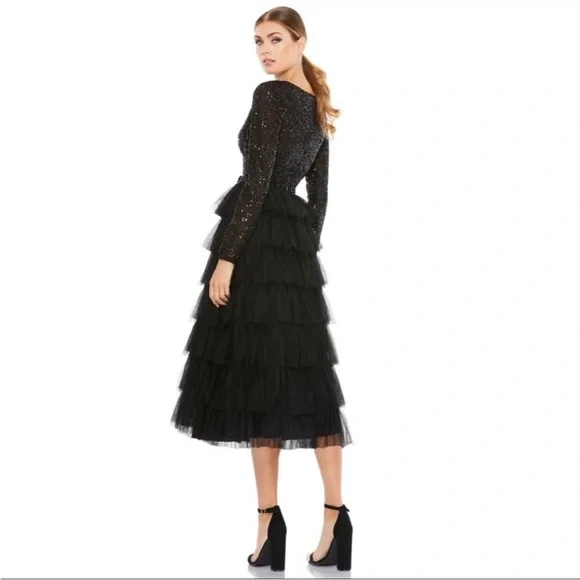 leena for Mac Duggal Sequined Layered Tulle A-Line Cocktail Dress Black Size 8 - Picture 2 of 6
